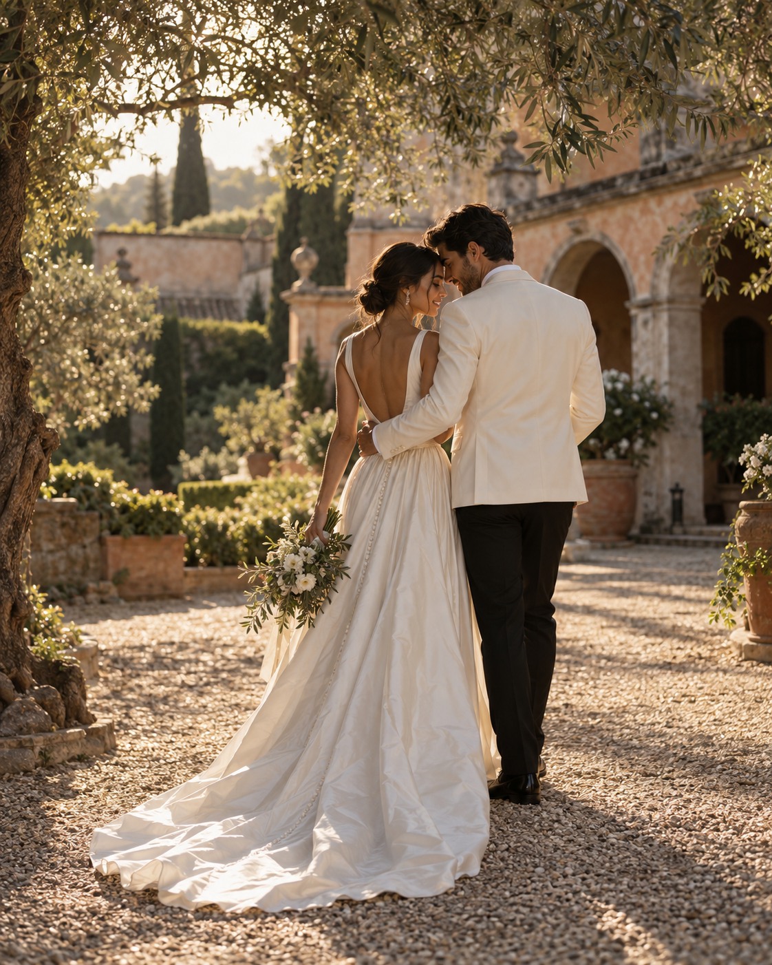 Una pareja de novios abrazándose en el jardín de una hacienda, al atardecer